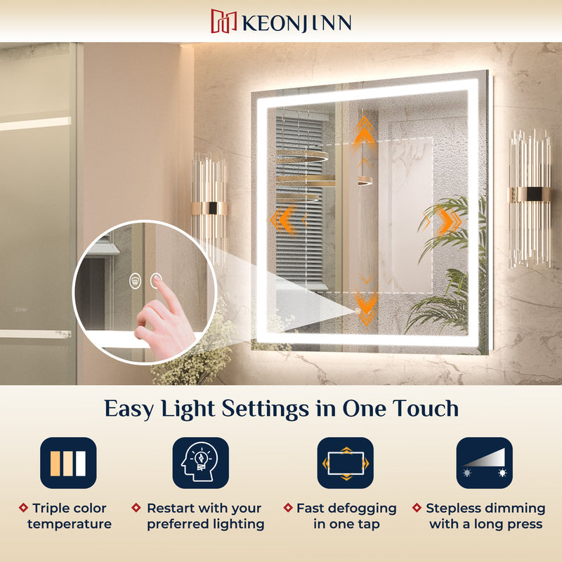 3 Color Energy Saving Frontlit & Backlit LED Bathroom Mirror Anti-Fog Dimmable Wall Mounted Vanity Mirror 3000K 4500K 6000K