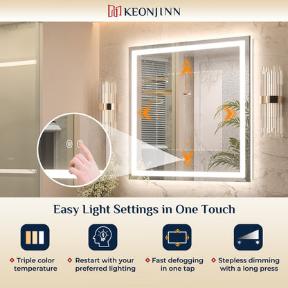 3 Color Energy Saving Frontlit & Backlit LED Bathroom Mirror Anti-Fog Dimmable Wall Mounted Vanity Mirror 3000K 4500K 6000K