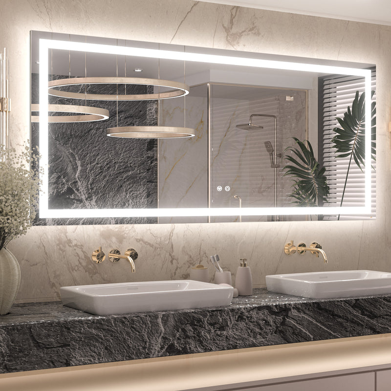 3 Color Energy Saving Frontlit & Backlit LED Bathroom Mirror Anti-Fog Dimmable Wall Mounted Vanity Mirror 3000K 4500K 6000K