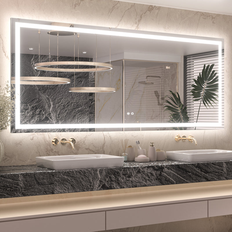 3 Color Energy Saving Frontlit & Backlit LED Bathroom Mirror Anti-Fog Dimmable Wall Mounted Vanity Mirror 3000K 4500K 6000K