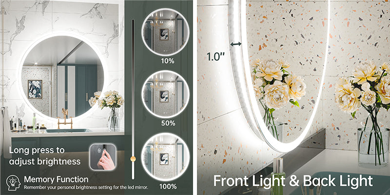 3 Color Frontlit & Backlit LED Bathroom Mirror Anti-Fog Dimmable Wall Mounted Vanity Mirror 3000K 4500K 6000K IP54 Waterproof