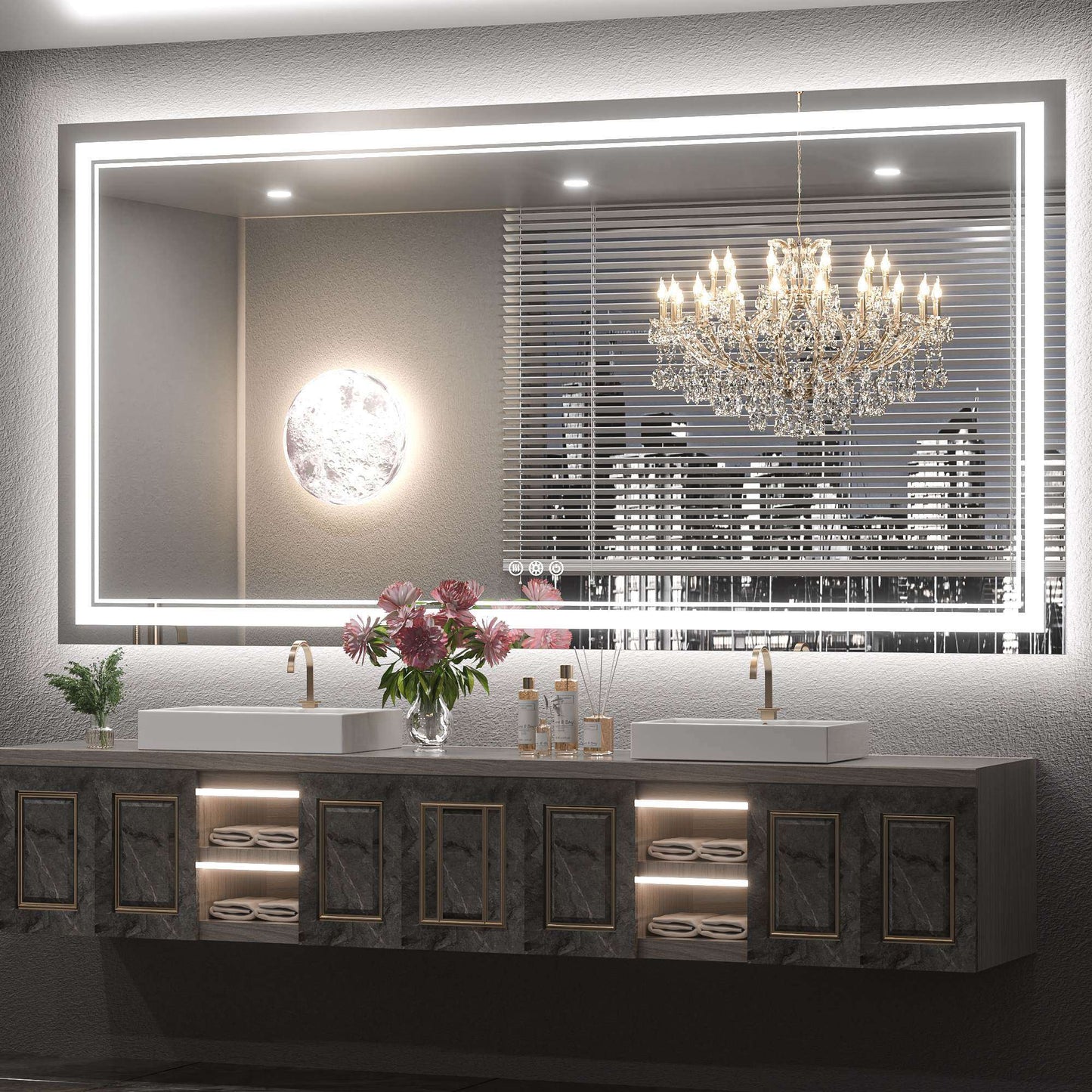 3 Color Frontlit & Backlit LED Bathroom Mirror Anti-Fog Dimmable Wall Mounted Vanity Mirror 3000K 4500K 6000K IP54 Waterproof