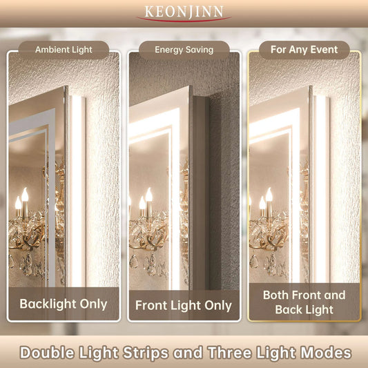 3 Color Frontlit & Backlit LED Bathroom Mirror Anti-Fog Dimmable Wall Mounted Vanity Mirror 3000K 4500K 6000K IP54 Waterproof