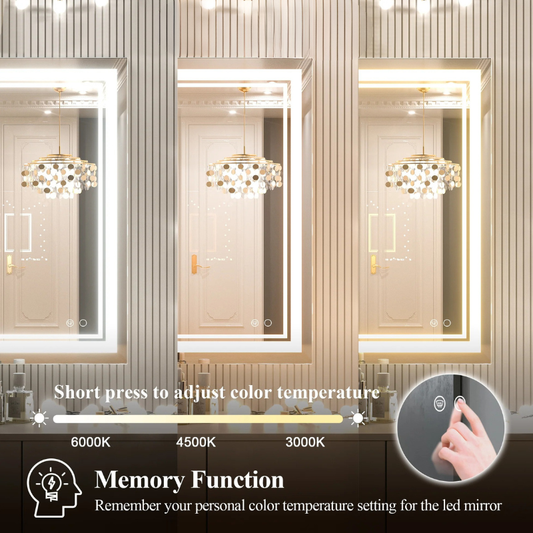 3 Color LED Bathroom Mirror Frontlit Anti Fog Dimmable Wall Mount Vanity Mirror 3000K 4500K 6000K