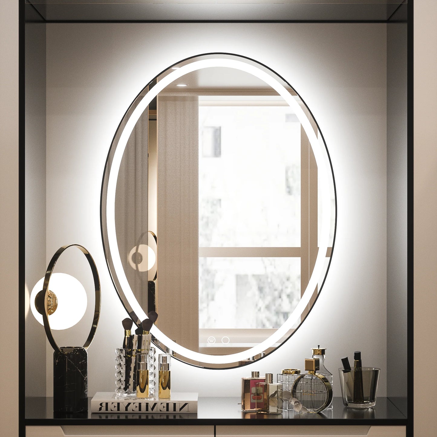 Modern Oval Frontlit Bathroom LED Mirror with Anti Fog Dimmable Light Waterproof Wall Mounted Vanity Mirror with Aluminum Frame
