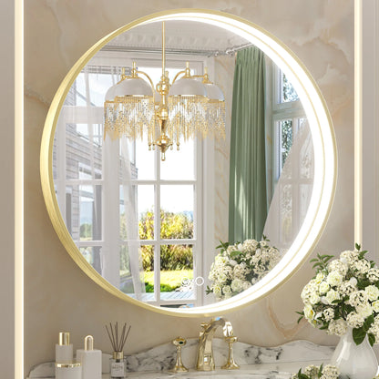 Frontlit Round LED Bathroom Mirror with Black Metal Frame Anti Fog Dimmable Light 3000K to 6000K Wall Mounted Vanity Mirror
