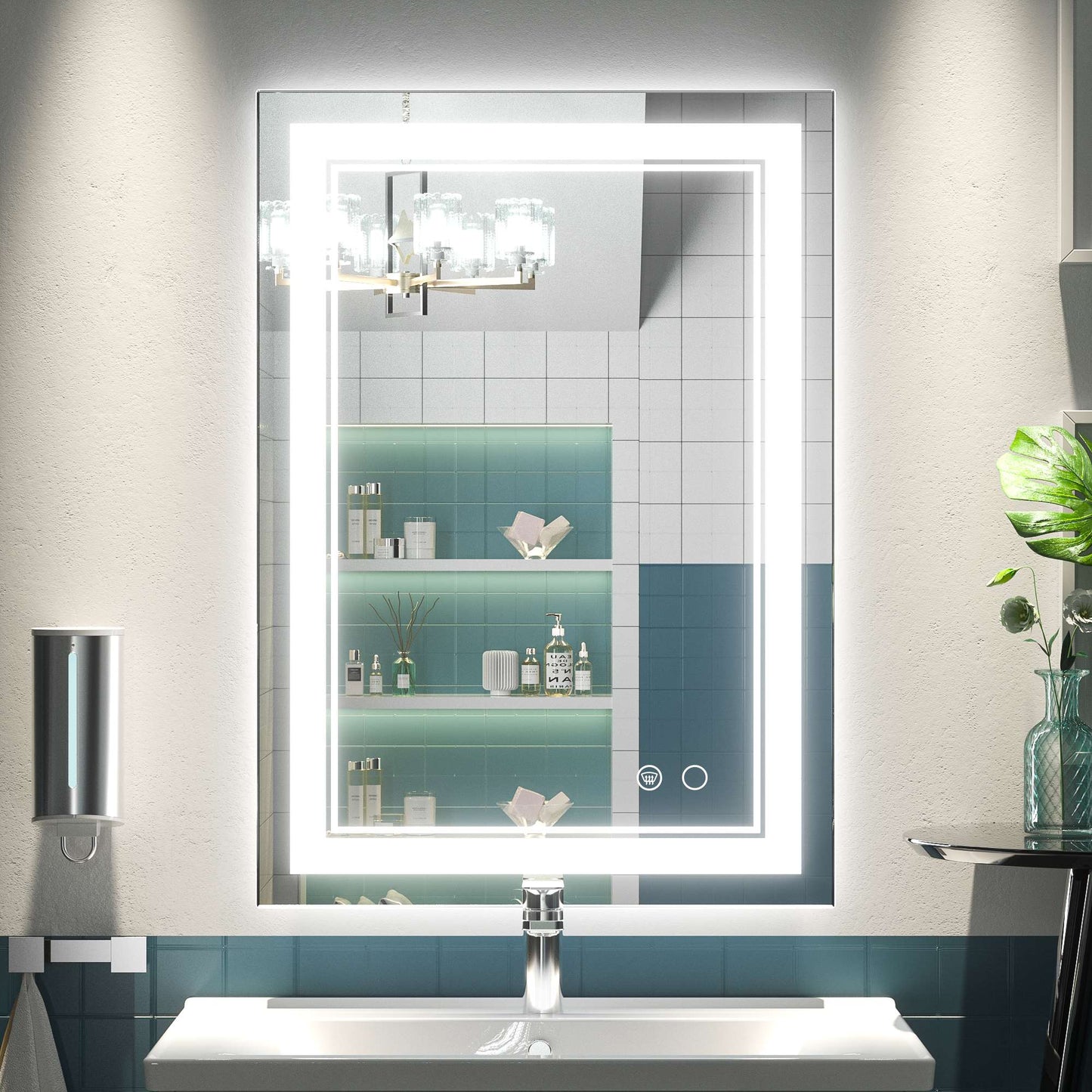 Frontlit LED Bathroom Mirror Wall Mounted Anti Fog Lighted Vanity Mirror 6000K CRI 90 Waterproof Aluminum Frame