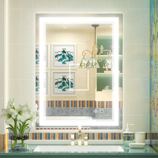 Frontlit LED Bathroom Mirror Wall Mounted Anti Fog Lighted Vanity Mirror 6000K CRI 90 Waterproof Aluminum Frame