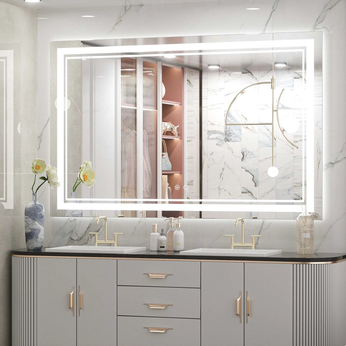 Frontlit LED Bathroom Mirror Wall Mounted Anti Fog Lighted Vanity Mirror 6000K CRI 90 Waterproof Aluminum Frame