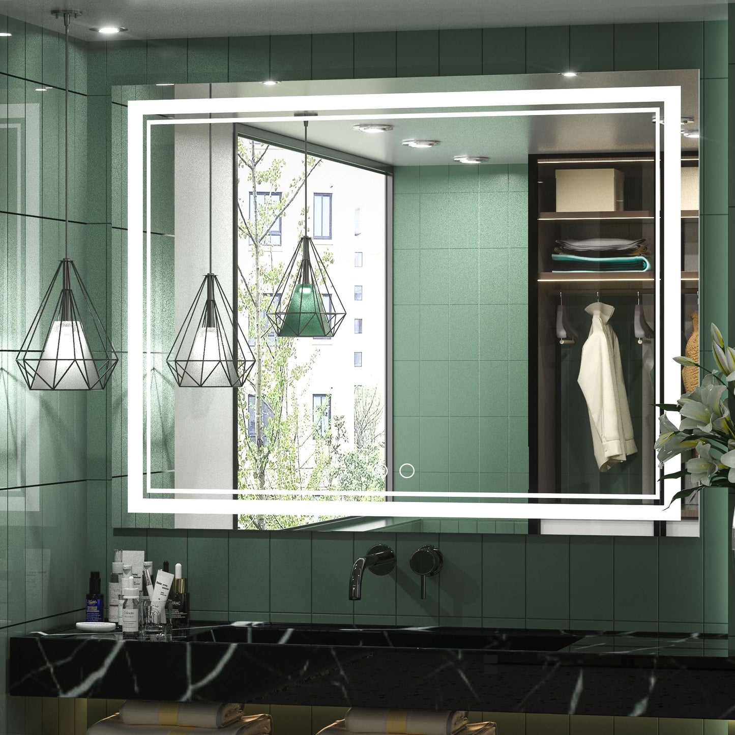 Frontlit LED Bathroom Mirror Wall Mounted Anti Fog Lighted Vanity Mirror 6000K CRI 90 Waterproof Aluminum Frame