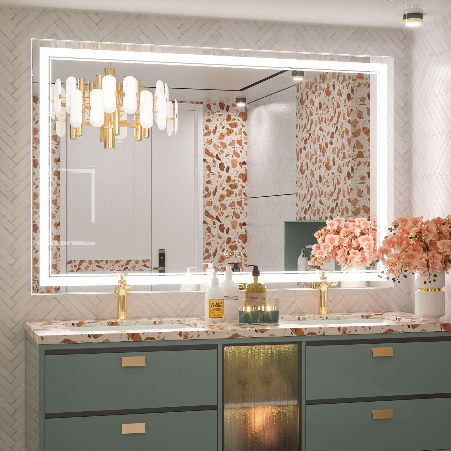 Frontlit LED Bathroom Mirror Wall Mounted Anti Fog Lighted Vanity Mirror 6000K CRI 90 Waterproof Aluminum Frame