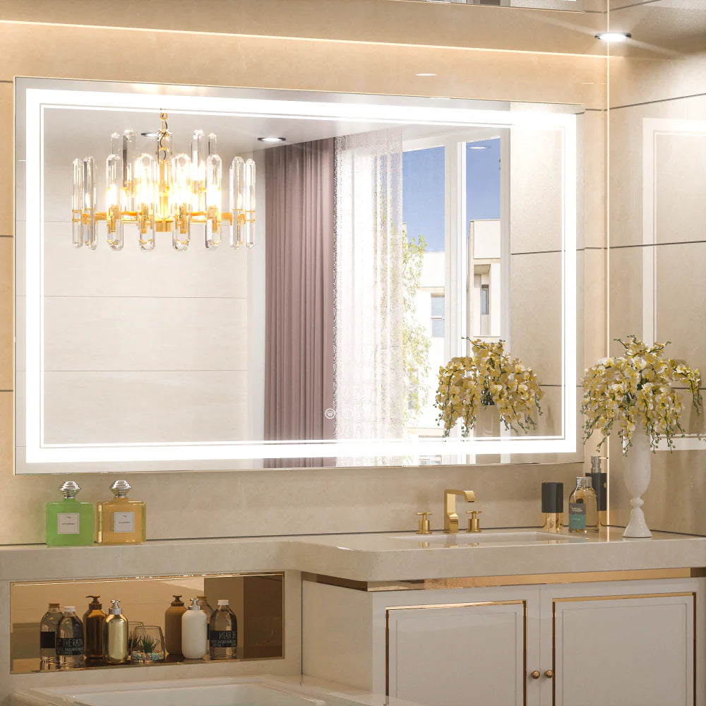 Frontlit LED Bathroom Mirror Wall Mounted Anti Fog Lighted Vanity Mirror 6000K CRI 90 Waterproof Aluminum Frame