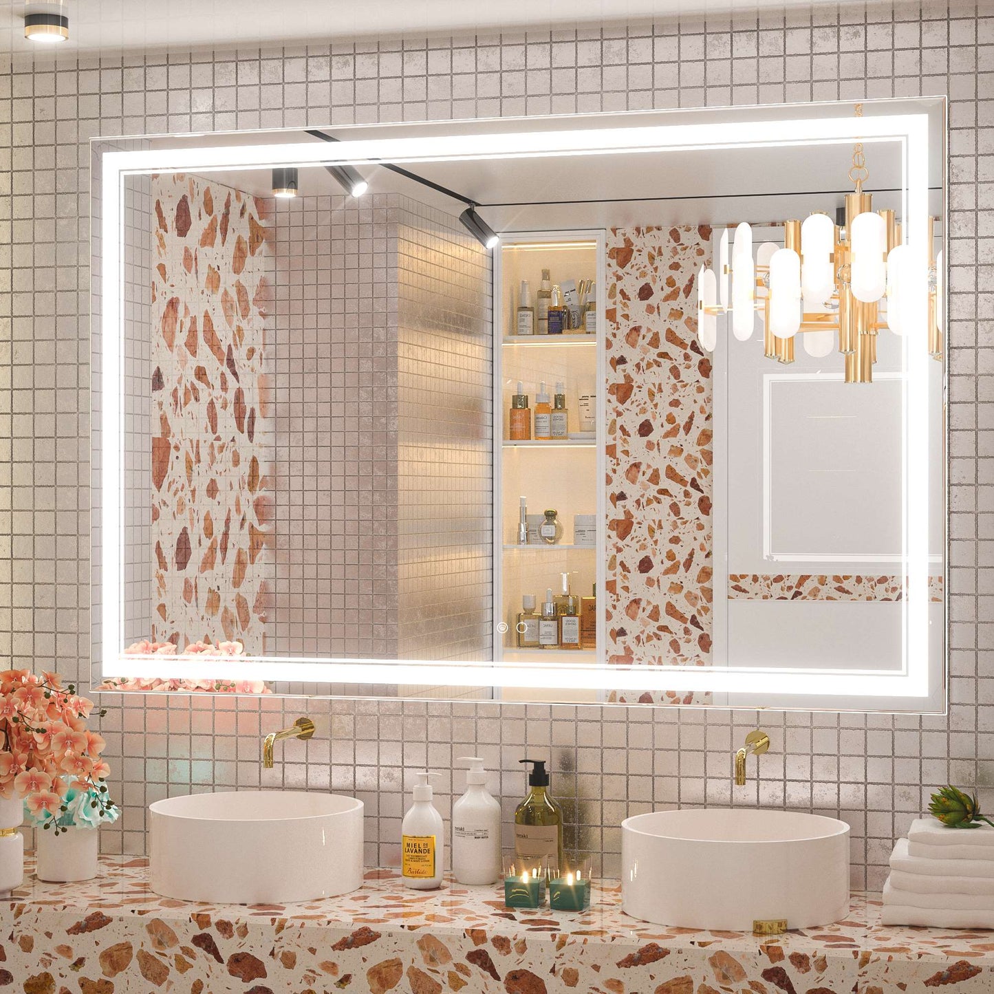Frontlit LED Bathroom Mirror Wall Mounted Anti Fog Lighted Vanity Mirror 6000K CRI 90 Waterproof Aluminum Frame