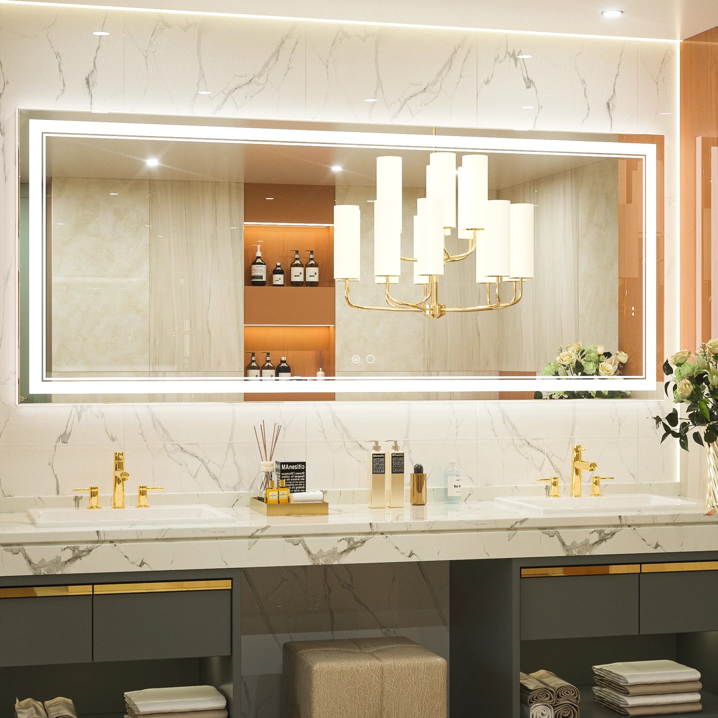 Frontlit LED Bathroom Mirror Wall Mounted Anti Fog Lighted Vanity Mirror 6000K CRI 90 Waterproof Aluminum Frame