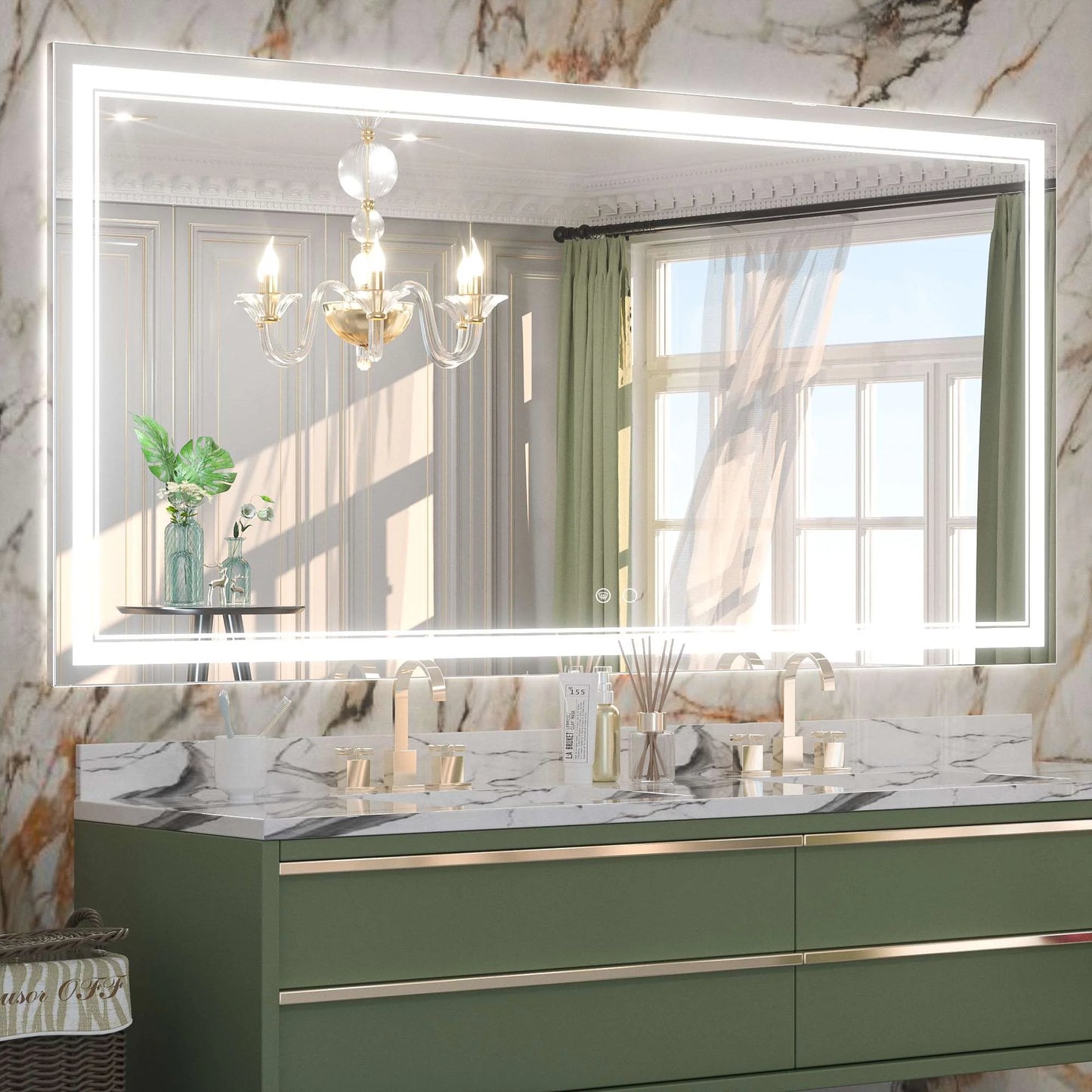 Frontlit LED Bathroom Mirror Wall Mounted Anti Fog Lighted Vanity Mirror 6000K CRI 90 Waterproof Aluminum Frame
