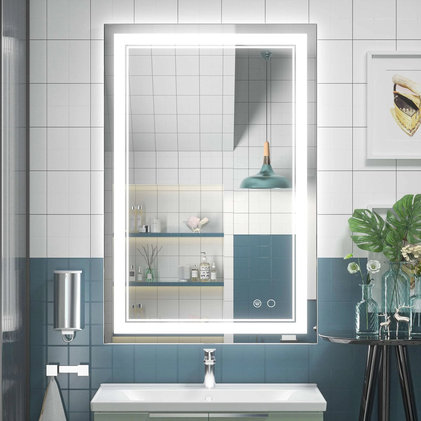 Frontlit LED Bathroom Mirror Wall Mounted Anti Fog Lighted Vanity Mirror 6000K CRI 90 Waterproof Aluminum Frame