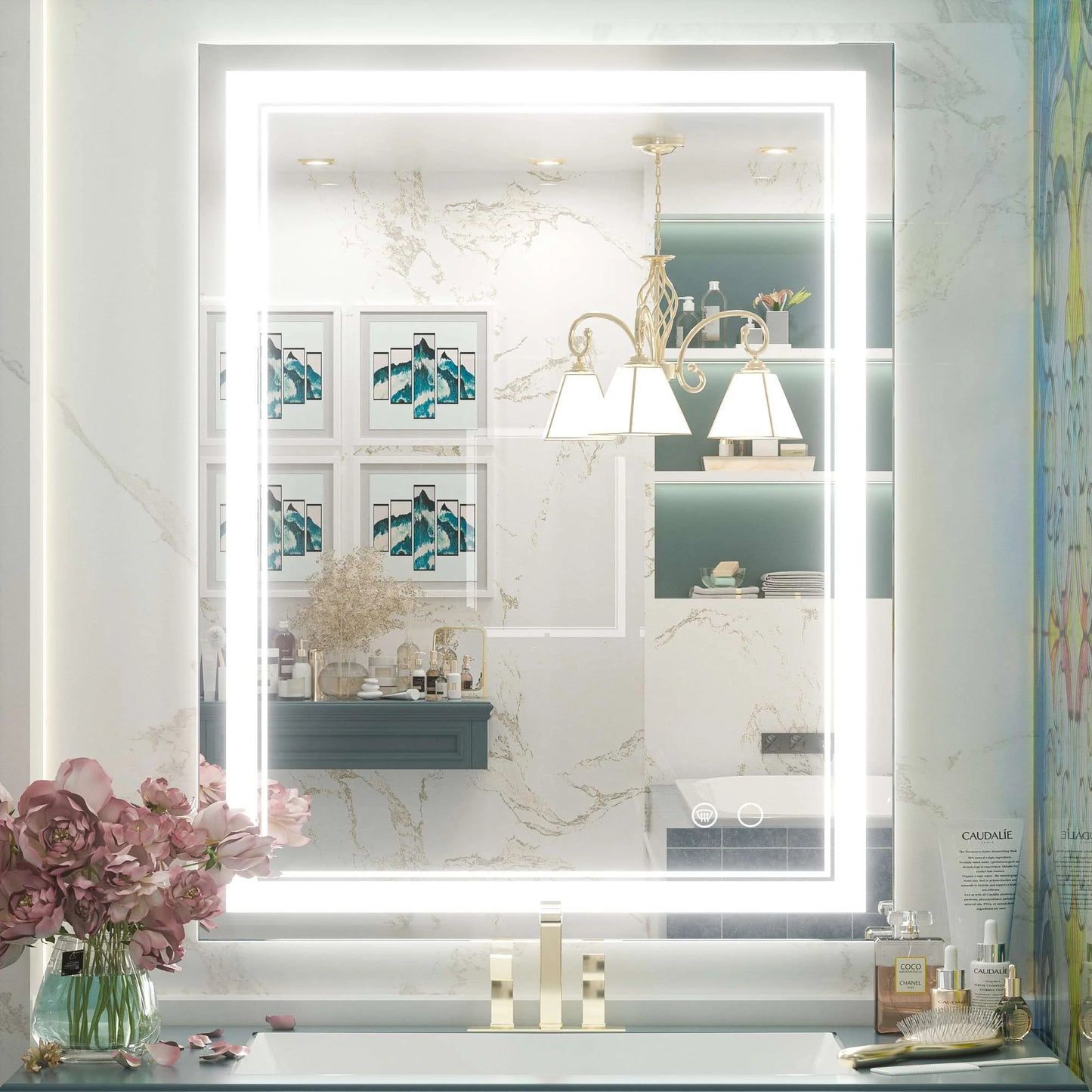 Frontlit LED Bathroom Mirror Wall Mounted Anti Fog Lighted Vanity Mirror 6000K CRI 90 Waterproof Aluminum Frame