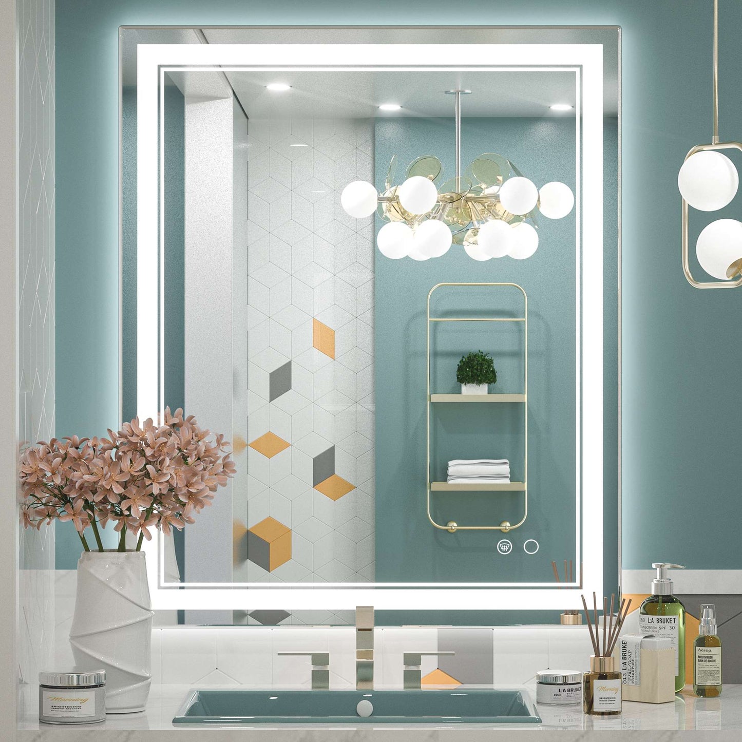 Frontlit LED Bathroom Mirror Wall Mounted Anti Fog Lighted Vanity Mirror 6000K CRI 90 Waterproof Aluminum Frame