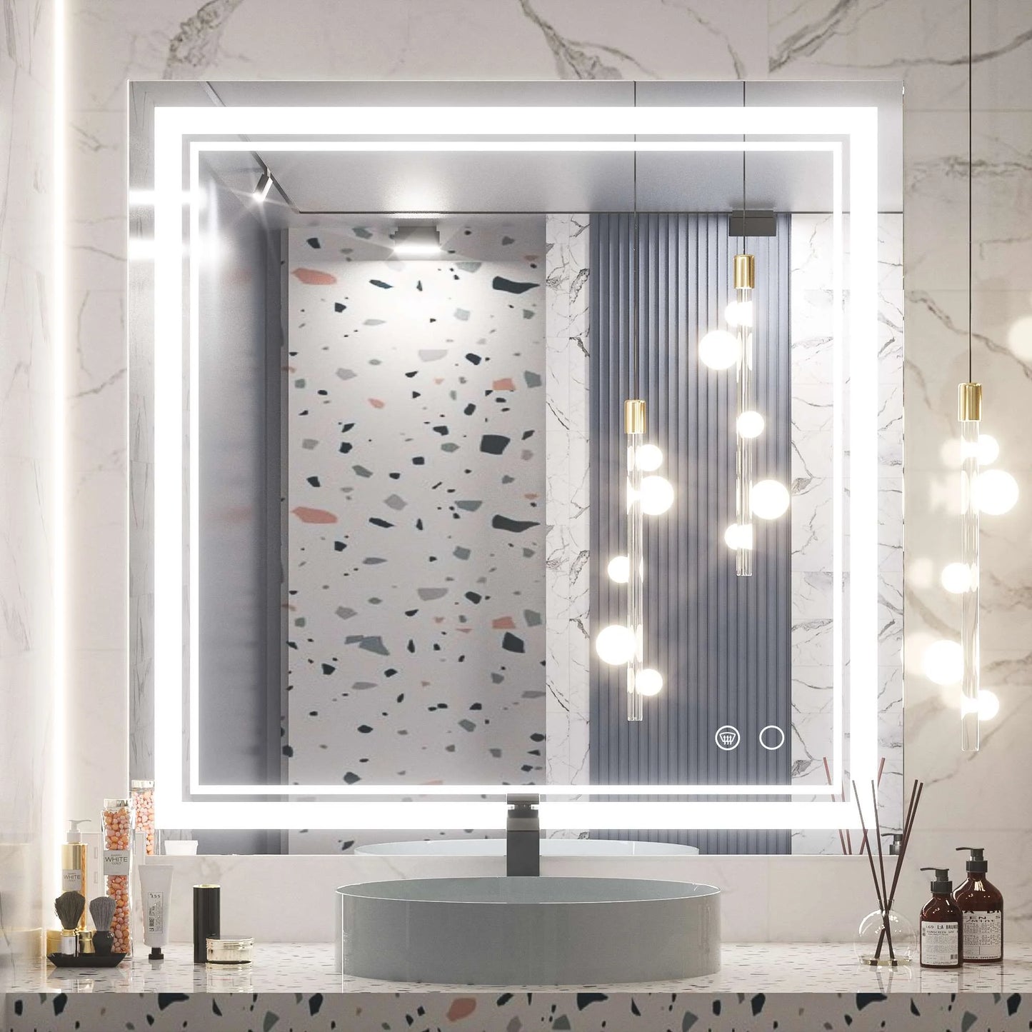 Frontlit LED Bathroom Mirror Wall Mounted Anti Fog Lighted Vanity Mirror 6000K CRI 90 Waterproof Aluminum Frame