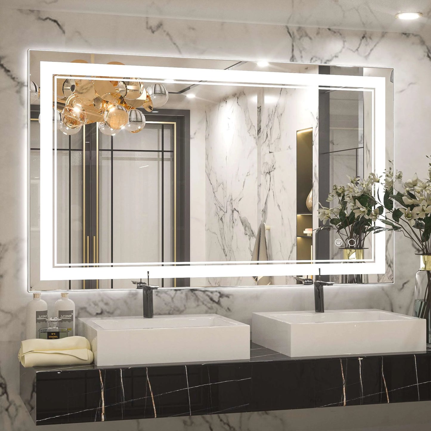 Frontlit LED Bathroom Mirror Wall Mounted Anti Fog Lighted Vanity Mirror 6000K CRI 90 Waterproof Aluminum Frame