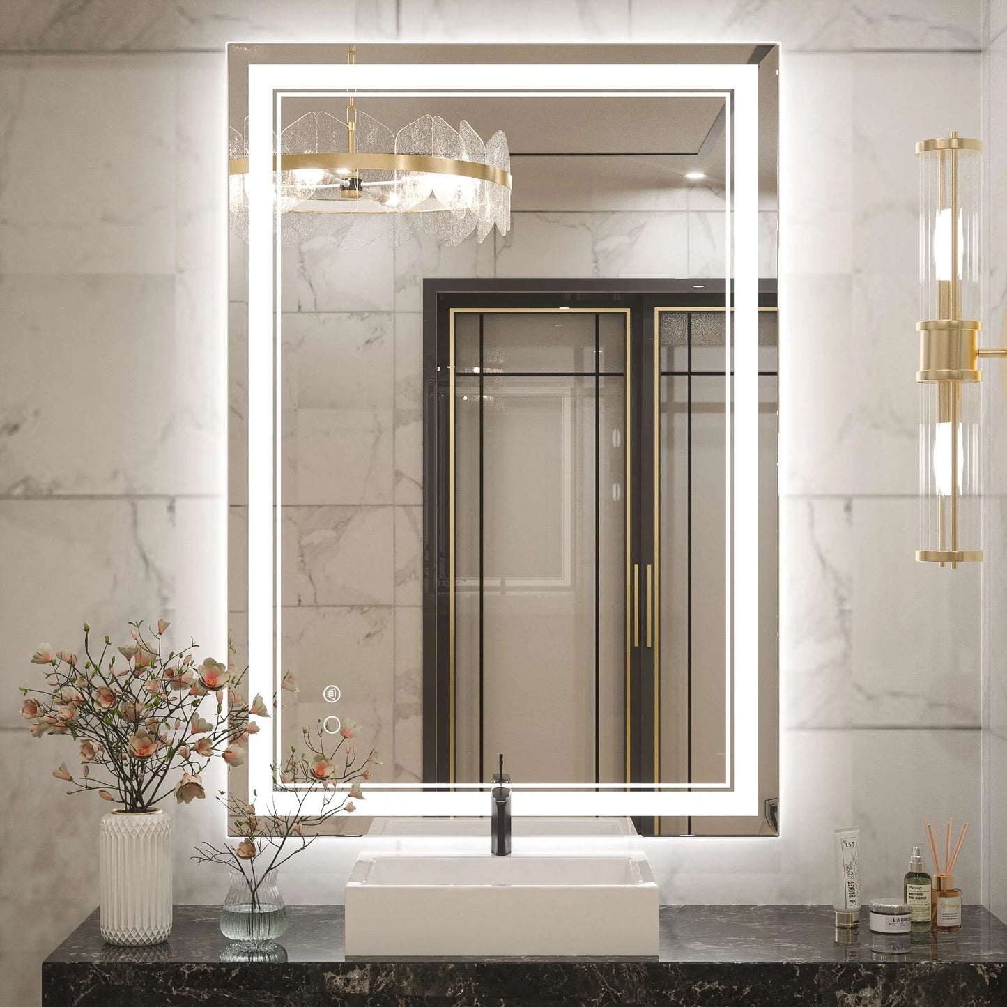 Frontlit LED Bathroom Mirror Wall Mounted Anti Fog Lighted Vanity Mirror 6000K CRI 90 Waterproof Aluminum Frame