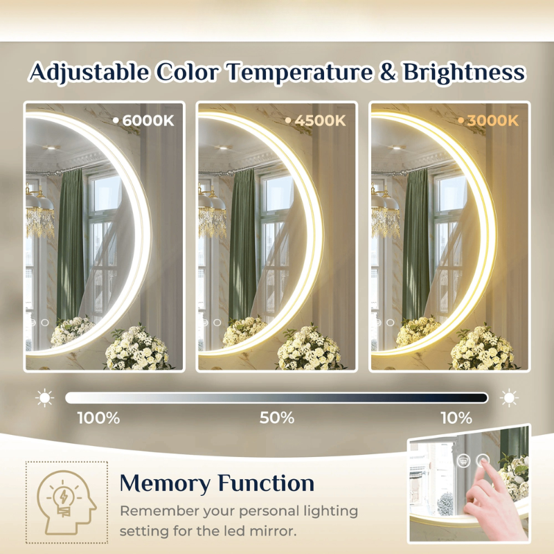 Frontlit Round LED Bathroom Mirror with Black Metal Frame Anti Fog Dimmable Light 3000K to 6000K Wall Mounted Vanity Mirror
