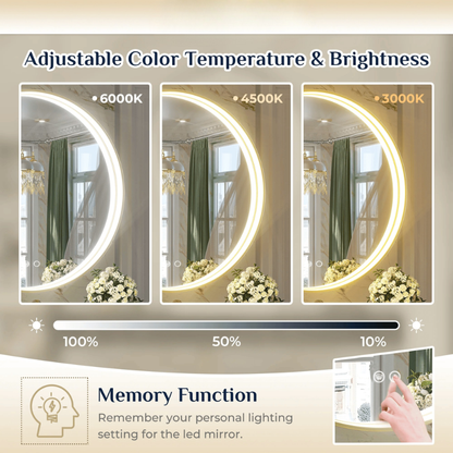 Frontlit Round LED Bathroom Mirror with Black Metal Frame Anti Fog Dimmable Light 3000K to 6000K Wall Mounted Vanity Mirror