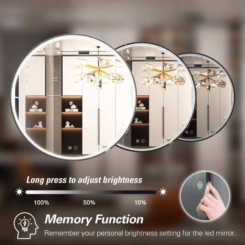 Frontlit Round LED Bathroom Mirror with Black Metal Frame Anti Fog Dimmable Light 3000K to 6000K Wall Mounted Vanity Mirror