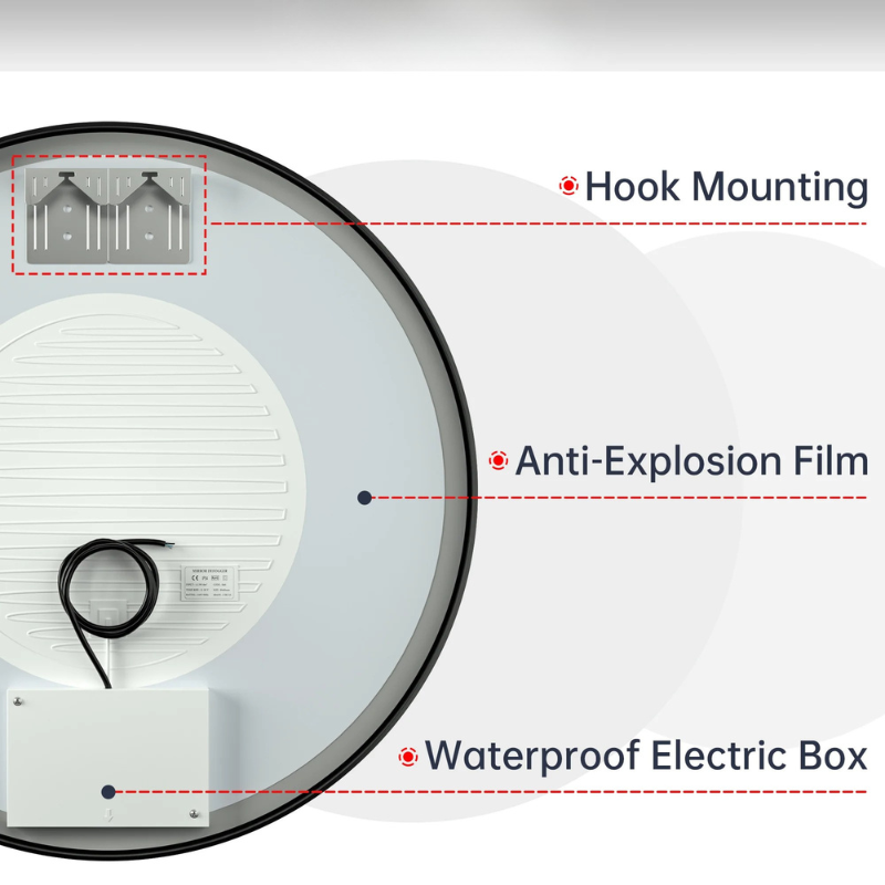Frontlit Round LED Bathroom Mirror with Black Metal Frame Anti Fog Dimmable Light 3000K to 6000K Wall Mounted Vanity Mirror