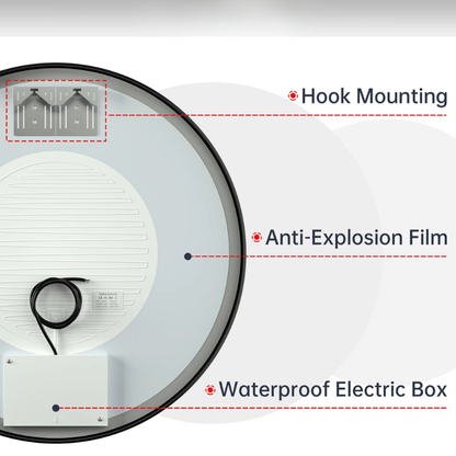 Frontlit Round LED Bathroom Mirror with Black Metal Frame Anti Fog Dimmable Light 3000K to 6000K Wall Mounted Vanity Mirror