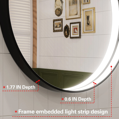 Frontlit Round LED Bathroom Mirror with Black Metal Frame Anti Fog Dimmable Light 3000K to 6000K Wall Mounted Vanity Mirror