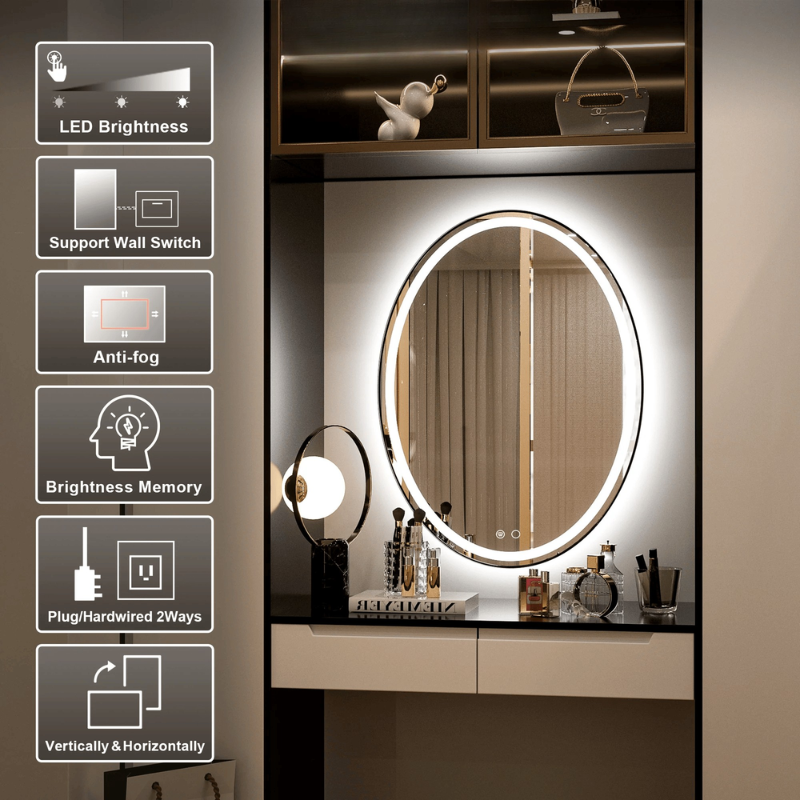 Modern Oval Frontlit Bathroom LED Mirror with Anti Fog Dimmable Light Waterproof Wall Mounted Vanity Mirror with Aluminum Frame