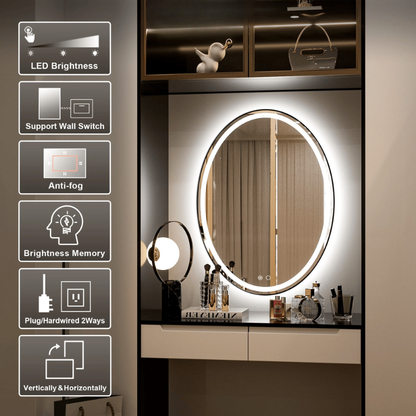 Modern Oval Frontlit Bathroom LED Mirror with Anti Fog Dimmable Light Waterproof Wall Mounted Vanity Mirror with Aluminum Frame