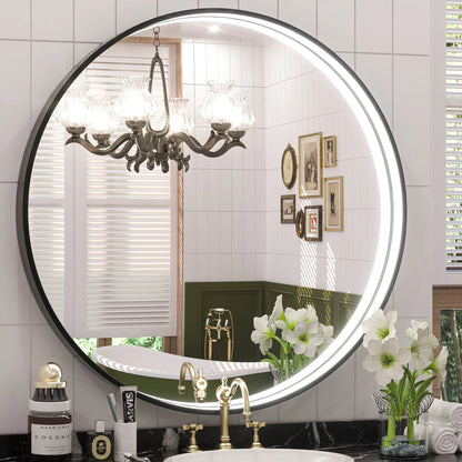 Frontlit Round LED Bathroom Mirror with Black Metal Frame Anti Fog Dimmable Light 3000K to 6000K Wall Mounted Vanity Mirror