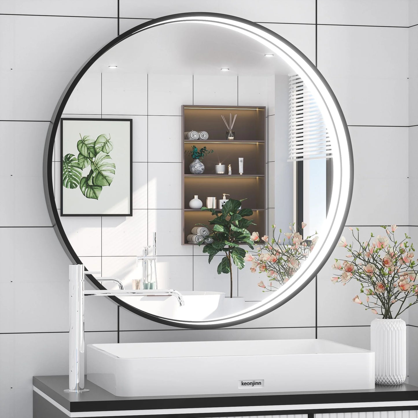 Frontlit Round LED Bathroom Mirror with Black Metal Frame Anti Fog Dimmable Light 3000K to 6000K Wall Mounted Vanity Mirror