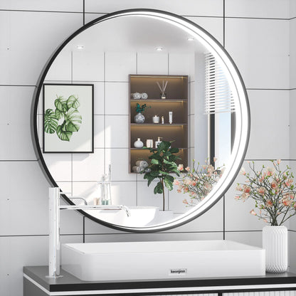 Frontlit Round LED Bathroom Mirror with Black Metal Frame Anti Fog Dimmable Light 3000K to 6000K Wall Mounted Vanity Mirror