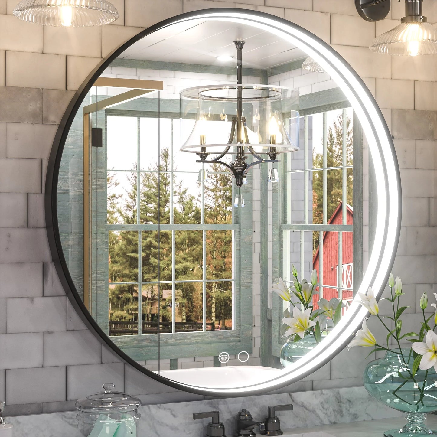 Frontlit Round LED Bathroom Mirror with Black Metal Frame Anti Fog Dimmable Light 3000K to 6000K Wall Mounted Vanity Mirror