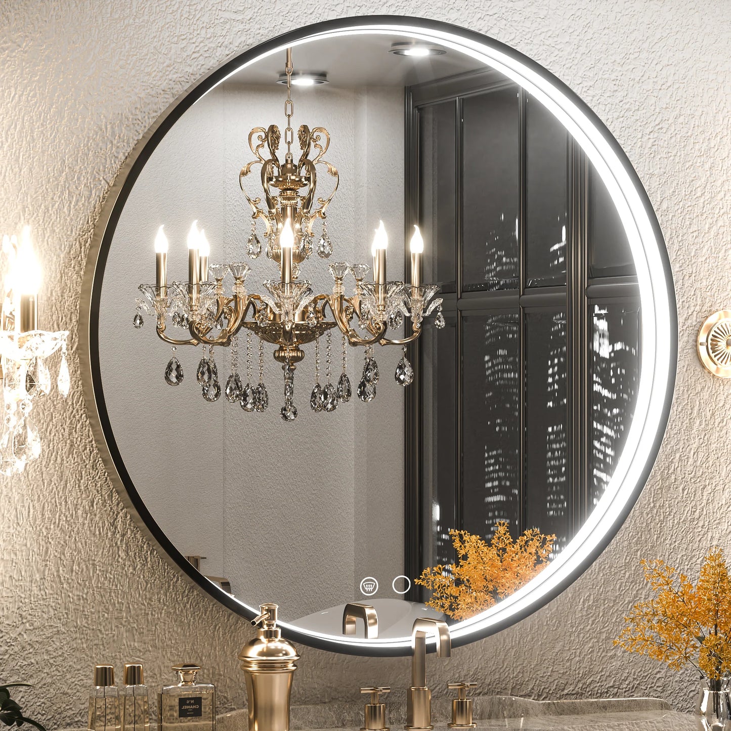 Frontlit Round LED Bathroom Mirror with Black Metal Frame Anti Fog Dimmable Light 3000K to 6000K Wall Mounted Vanity Mirror
